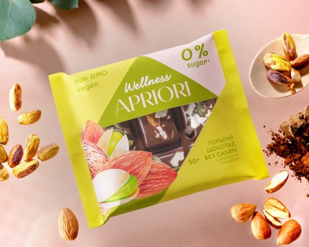 APRIORI Wellness 50г Шок плитка горькая без сахара с миндалем и фисташкой APRIORI Wellness 50г Шок плитка горькая без сахара с миндалем и фисташкой